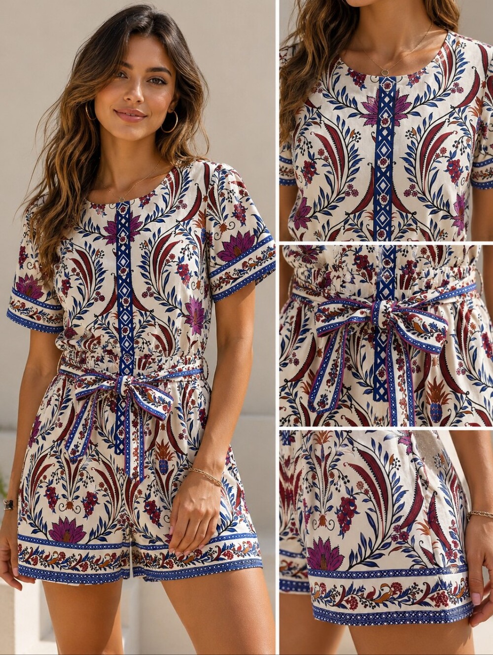 House of Harlow 1960 Women Ivory Botanical Paisley Print Belted Romper 6 Cotton